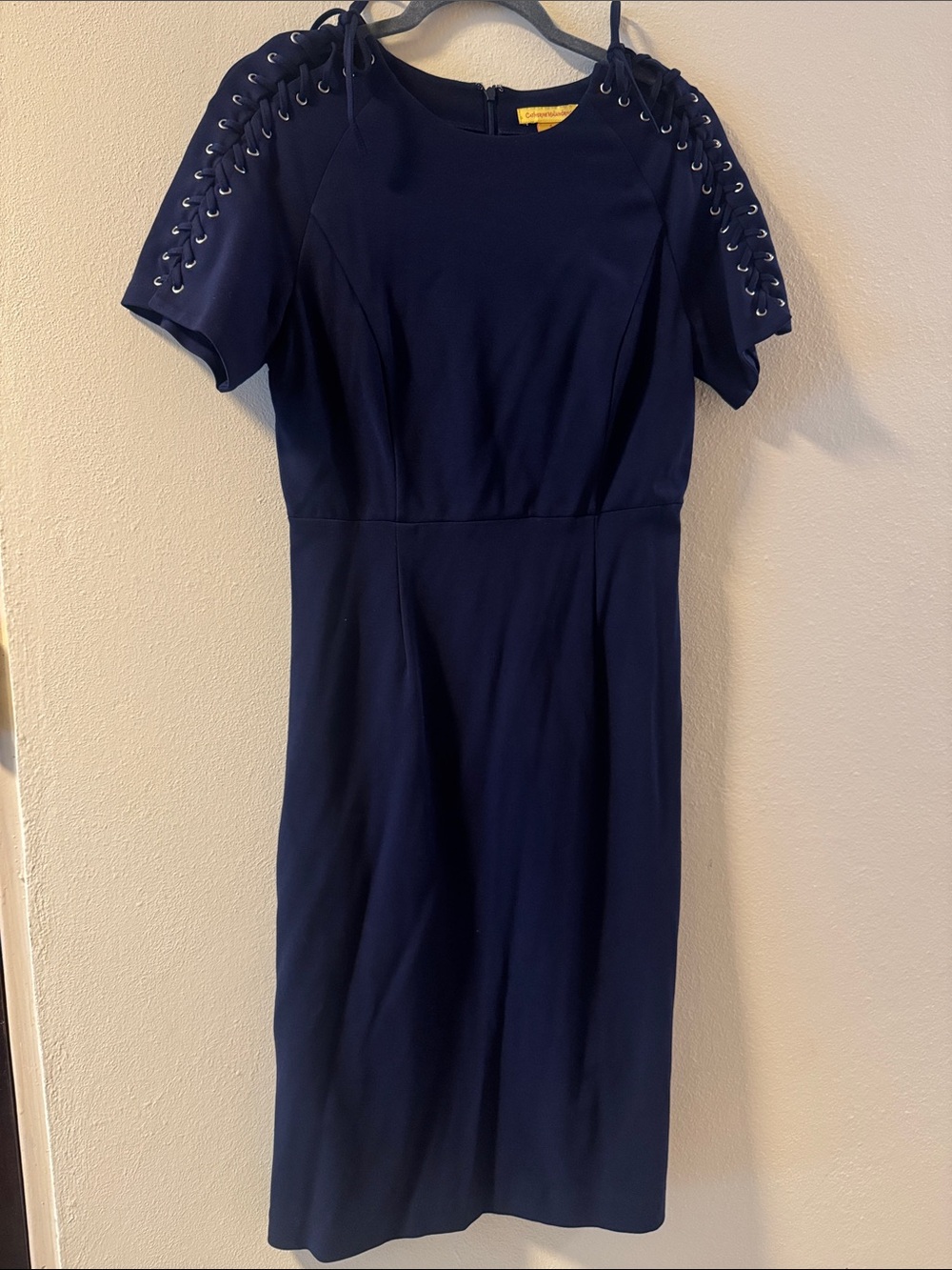 Catherine Malandrino Navy Midi Dress with Lace-Up Shoulder Detail